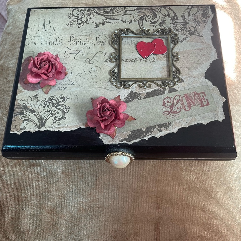 Decorative Black Jewelry Box with Red Accents made from cigar box